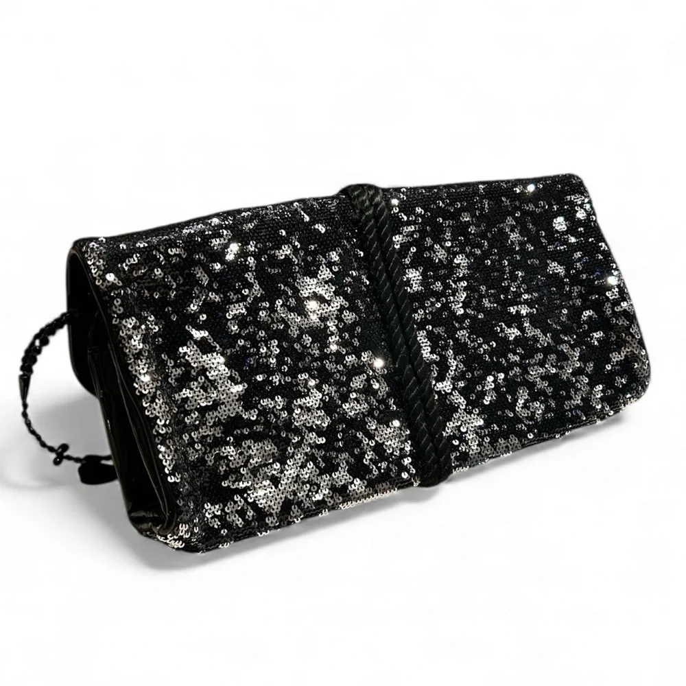 White House Black Market Black and Silver Glitter Sequin Clutch Large - Picture 2 of 7